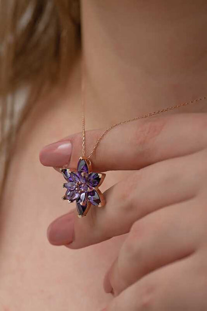 Rose Plated Purple Lotus Flower Silver Necklace