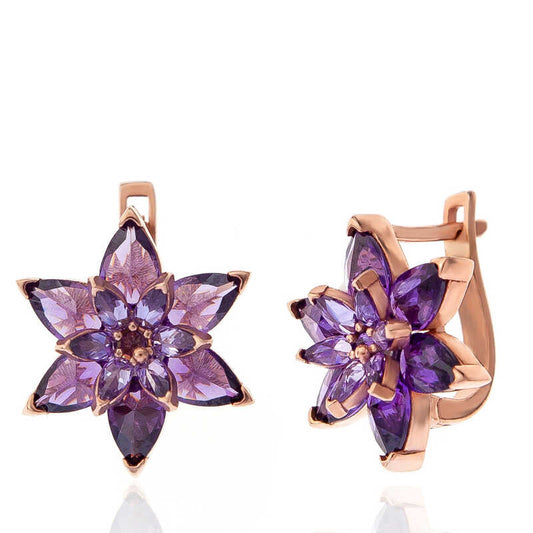 Rose Purple Lotus Flower Women's Silver Earrings