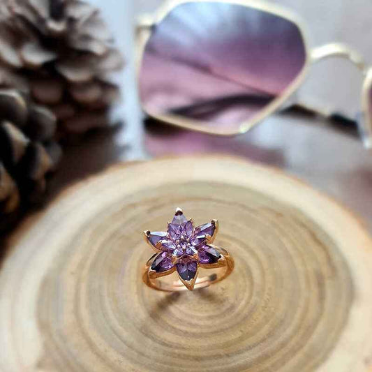 Rose Plated Purple Lotus Flower Silver Ring