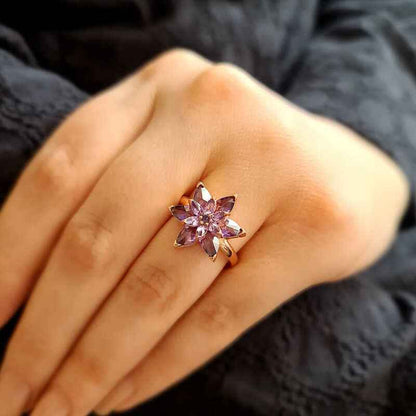 Rose Plated Purple Lotus Flower Silver Ring