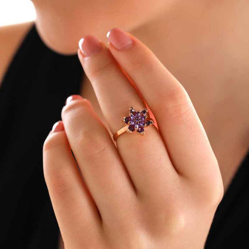 Rose Plated Purple Lotus Flower Silver Ring