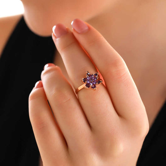 Rose Purple Lotus Flower Silver Ring