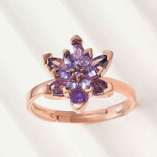 Rose Plated Purple Lotus Flower Silver Ring