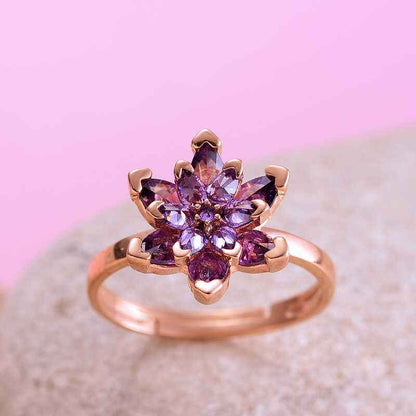 Rose Plated Purple Lotus Flower Silver Ring
