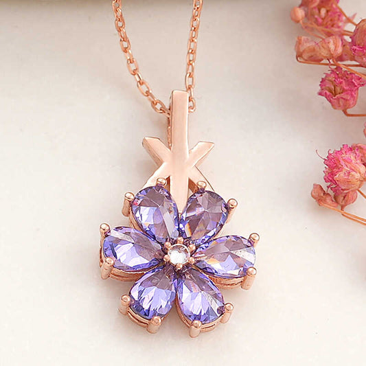 Rose Gold Plated Purple Love Flower Women's Silver Necklace
