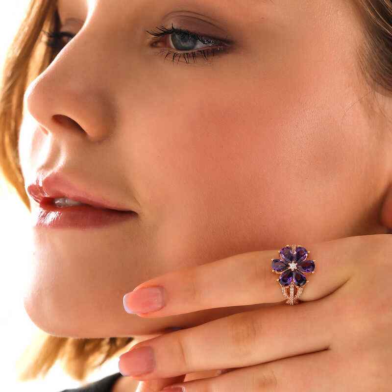 Rose Plated Purple Love Flower Women's Silver Ring