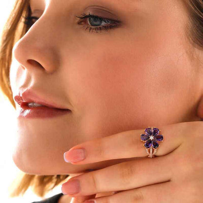 Rose Plated Purple Love Flower Women's Silver Ring