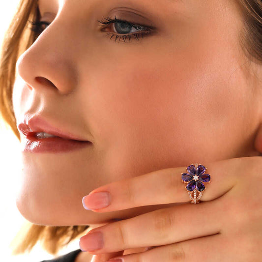 Rose Plated Purple Love Flower Women's Silver Ring