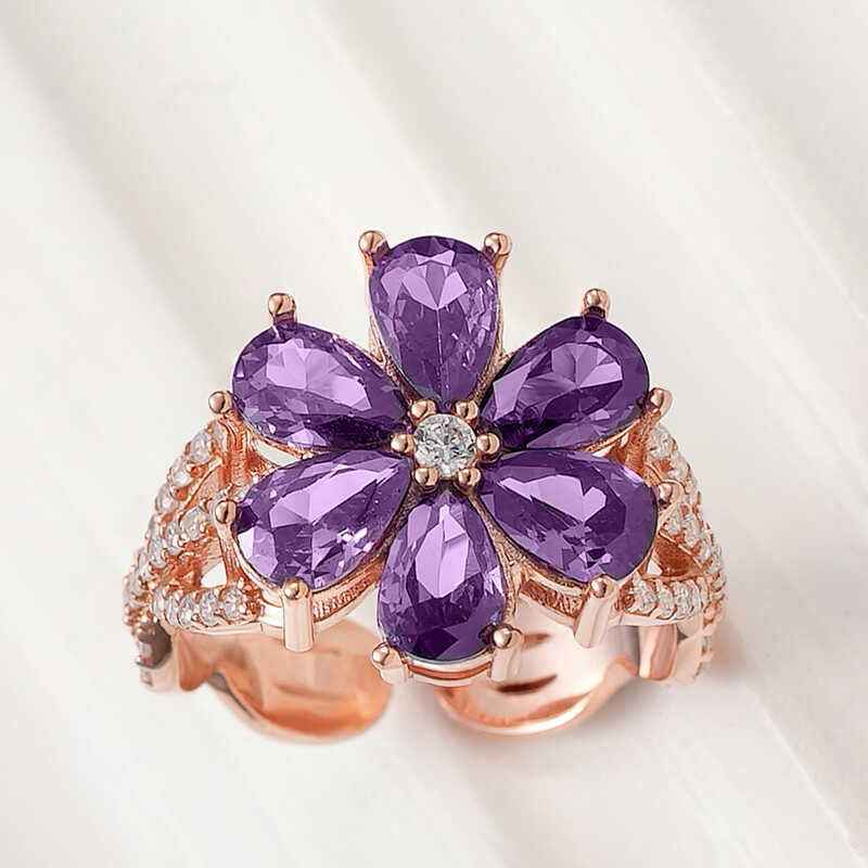 Rose Plated Purple Love Flower Women's Silver Ring