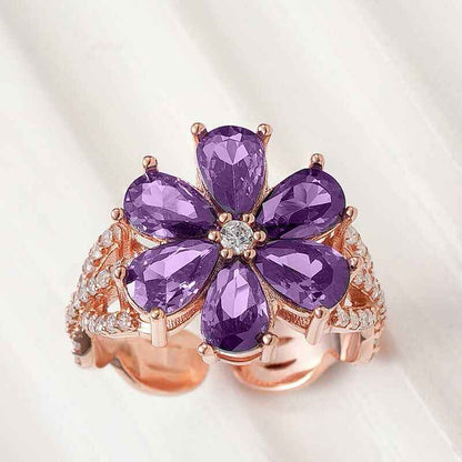 Rose Plated Purple Love Flower Women's Silver Ring
