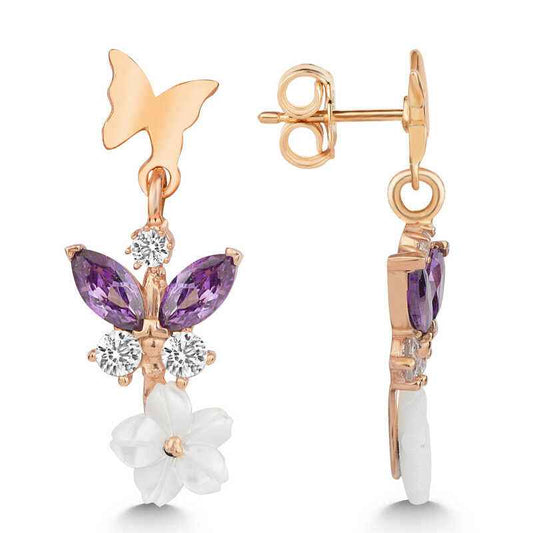 Rose Plated Mor Stone Mother of Pearl Flower Stud Women's Silver Earrings