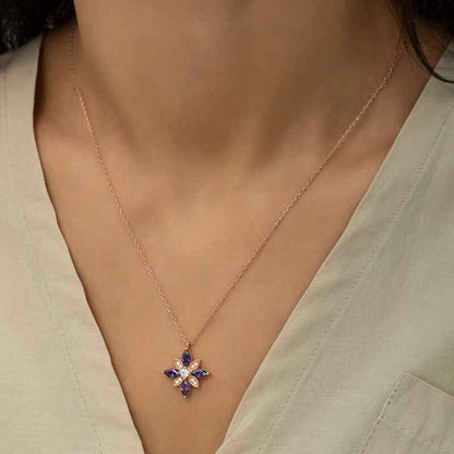 Rose Gold Plated Purple Stone Hope Flower Women's Silver Necklace