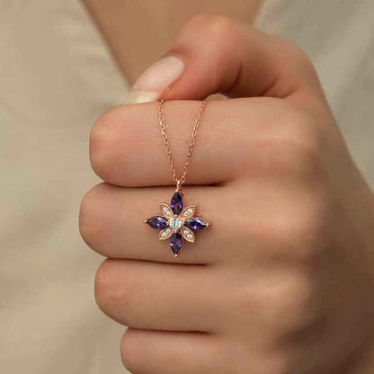 Rose Gold Plated Purple Stone Hope Flower Women's Silver Necklace