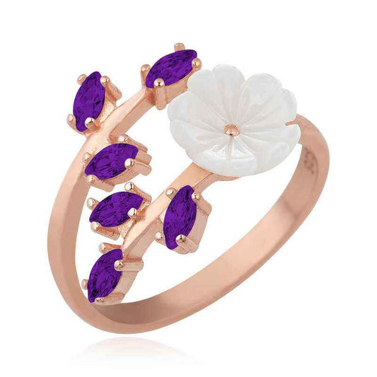 Rose Plated Purple Leaf Spring Flower Silver Ring