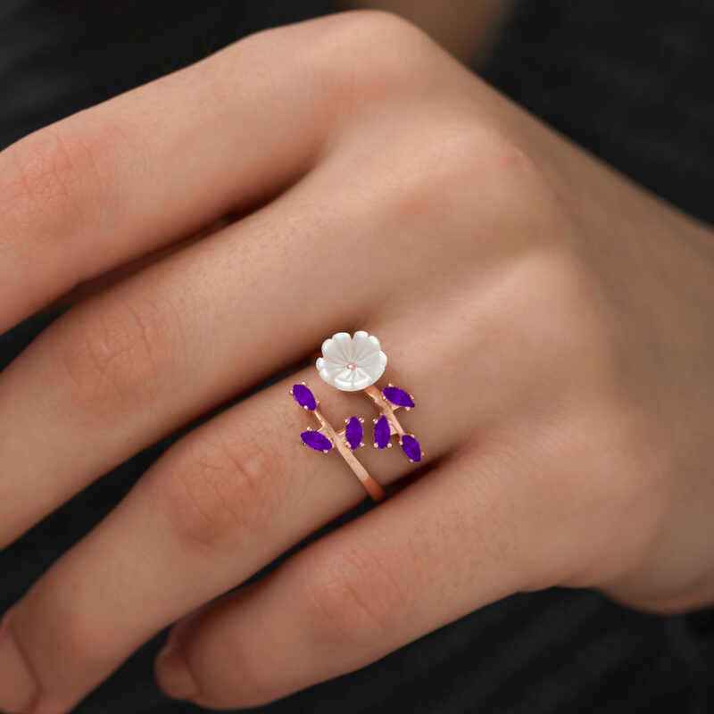 Rose Plated Purple Leaf Spring Flower Silver Ring