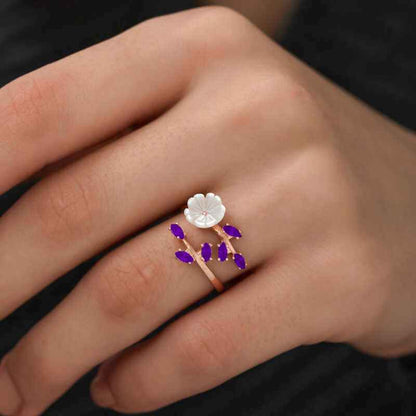 Rose Plated Purple Leaf Spring Flower Silver Ring