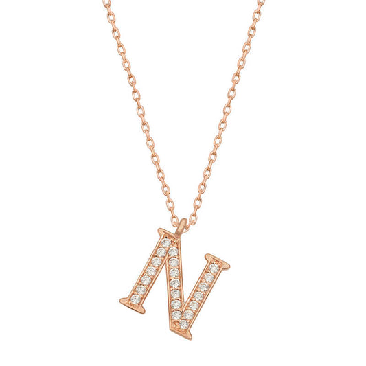 Collier en argent plaqué rose avec lettre N pour femme