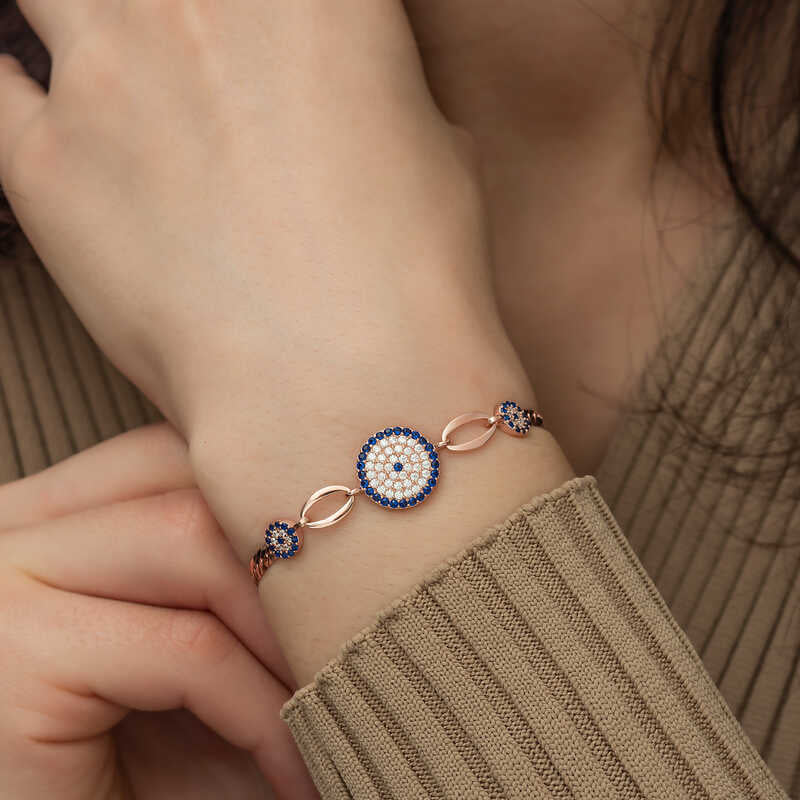 Bracelet en argent plaqué rose avec perles contre le mauvais œil