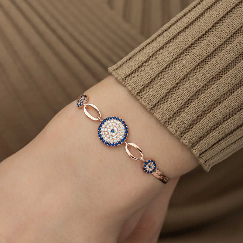 Bracelet en argent plaqué rose avec perles contre le mauvais œil