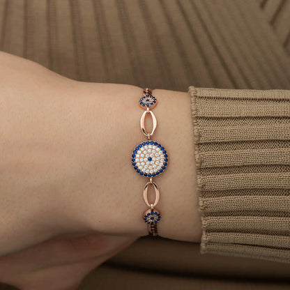 Bracelet en argent plaqué rose avec perles contre le mauvais œil