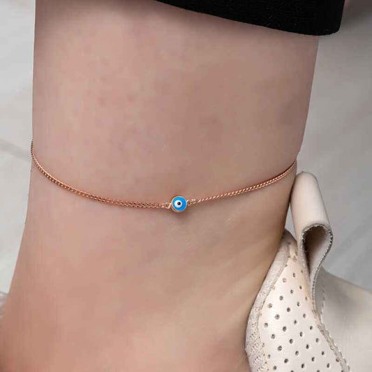 Rose Plated Evil Eye Beaded Silver Anklet