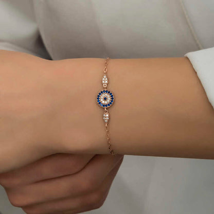 Rose Plated Evil Eye Beaded Women's Silver Bracelet