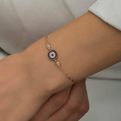 Rose Plated Evil Eye Beaded Women's Silver Bracelet
