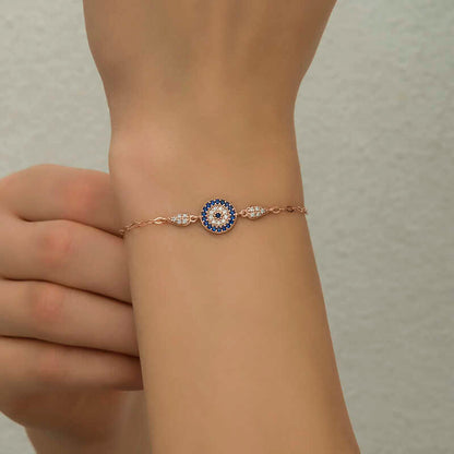 Rose Plated Evil Eye Beaded Women's Silver Bracelet