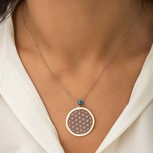 Rose Gold Plated Evil Eye Flower of Life Silver Necklace