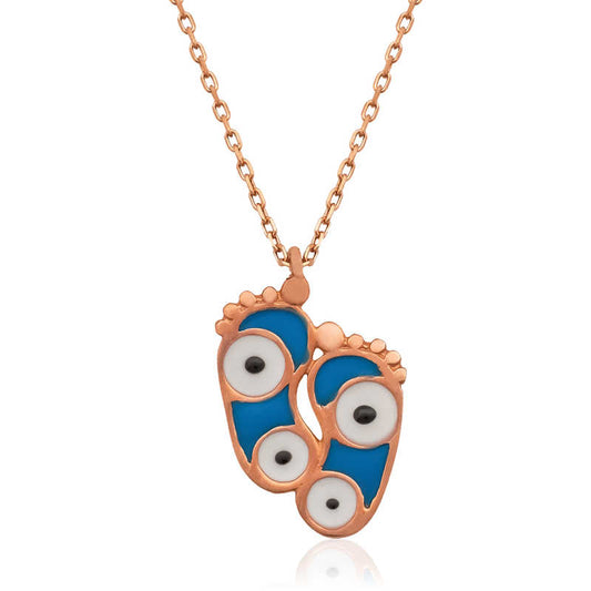 Rose Plated Evil Eye Footprint Women's Silver Necklace