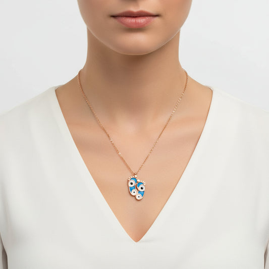 Rose Plated Evil Eye Footprint Women's Silver Necklace