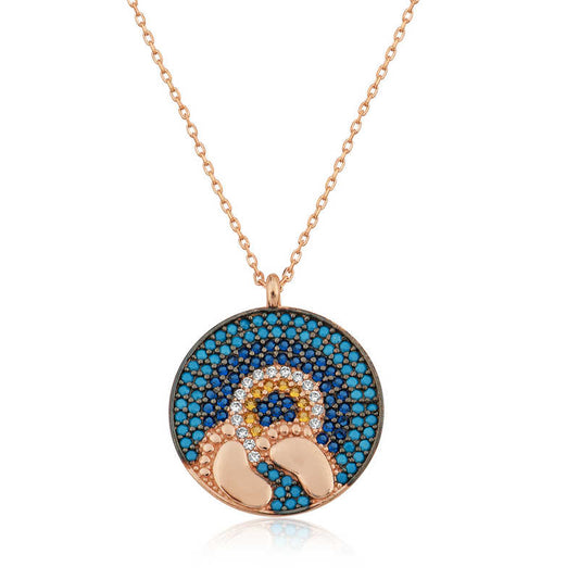 Rose Plated Evil Eye Baby Footprint Women's Silver Necklace