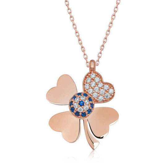 Rose Plated Evil Eye Four-Leaf Clover Women's Silver Necklace