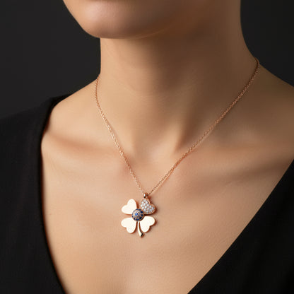 Rosévergoldete Damen-Silberkette mit vierblättrigem Kleeblatt und bösem Blick