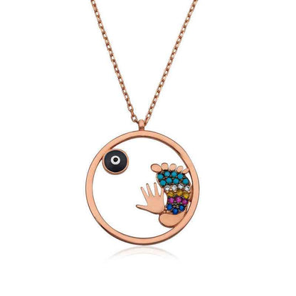 Rose Plated Evil Eye Hand and Footprint Women's Silver Necklace