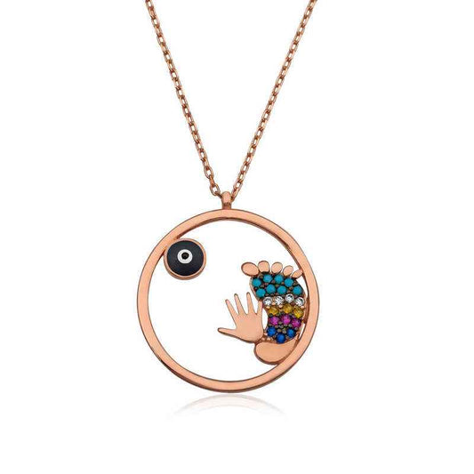 Rose Plated Evil Eye Hand and Footprint Women's Silver Necklace