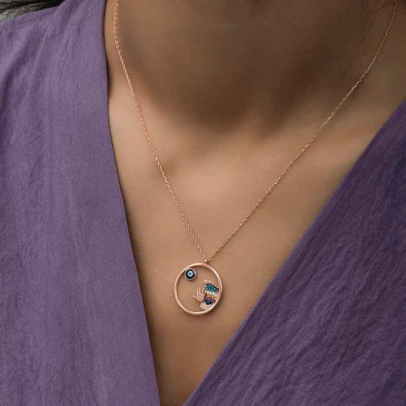 Rose Plated Evil Eye Hand and Footprint Women's Silver Necklace