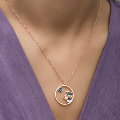 Rose Plated Evil Eye Hand and Footprint Women's Silver Necklace