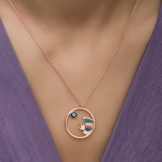 Rose Plated Evil Eye Hand and Footprint Women's Silver Necklace