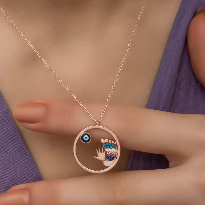 Rose Plated Evil Eye Hand and Footprint Women's Silver Necklace