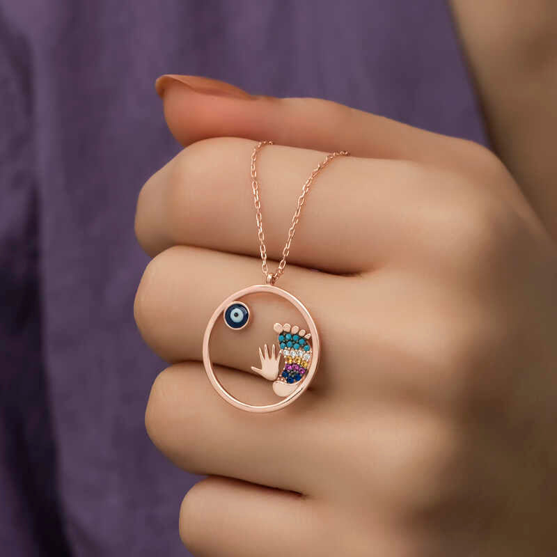 Rose Plated Evil Eye Hand and Footprint Women's Silver Necklace