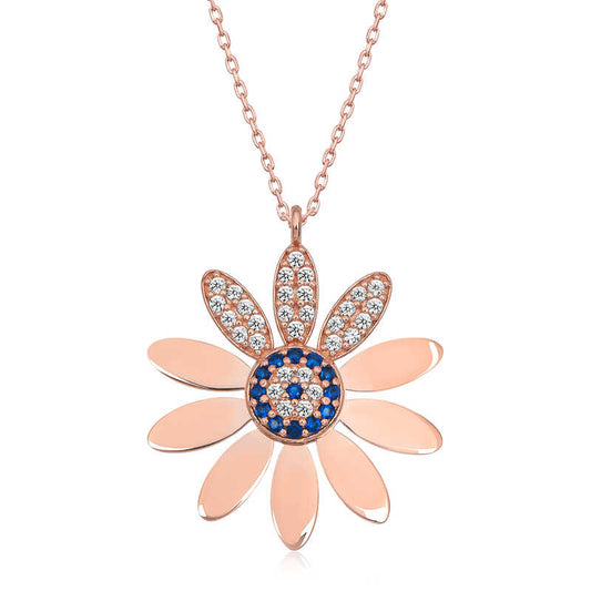 Rose Plated Evil Eye Daisy Women's Silver Necklace