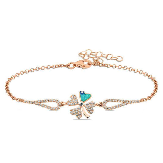 Rose Plated Evil Eye Clover Women's Silver Bracelet