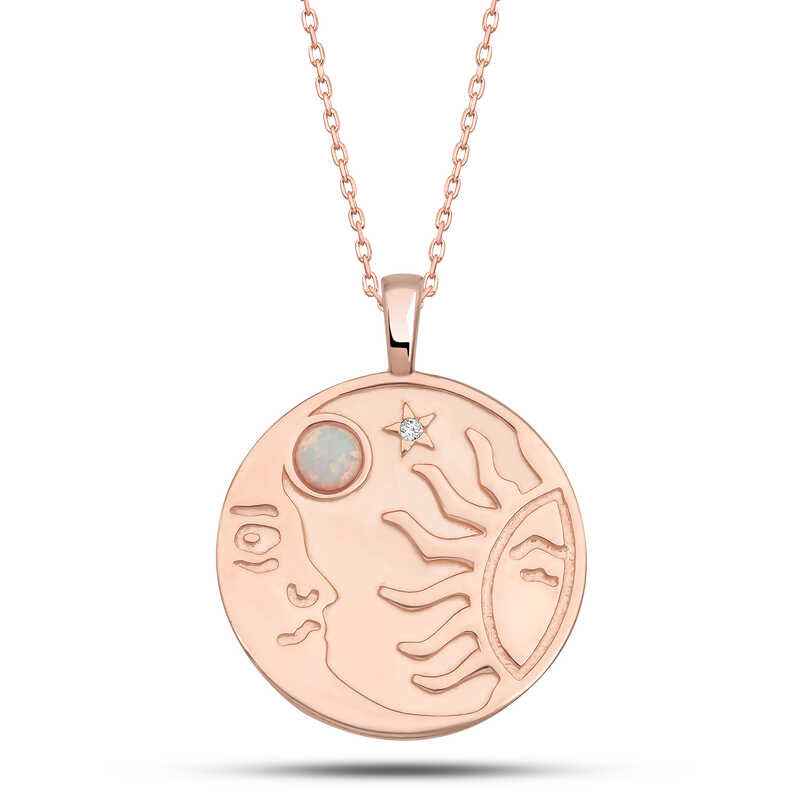 Rose Opal White Stone Sun Moon Women's Silver Necklace