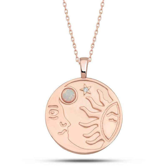 Rose Opal White Stone Sun Moon Women's Silver Necklace