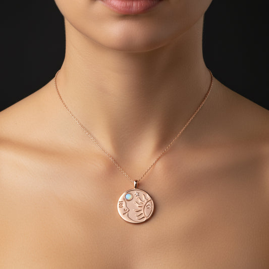 Rose Opal Weiß Stein Sonne Mond Damen Silber Halskette