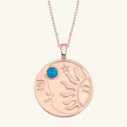 Rose Plated Opal Blue Stone Moon Sun Women's Silver Necklace