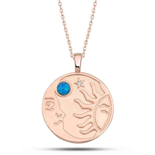 Rose Plated Opal Blue Stone Moon Sun Women's Silver Necklace