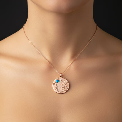Collier en argent pour femme avec opale plaquée rose et pierre bleue, lune et soleil