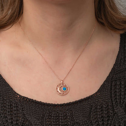 Rose Gold Plated Opal Blue Stone Moon Sun Women's Silver Necklace